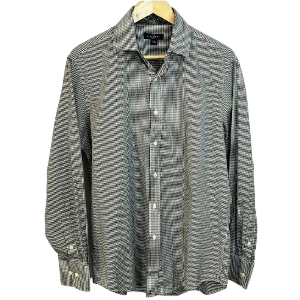 Long Sleeve Button Up Black and White Houndstooth Paisley Dress Shirt